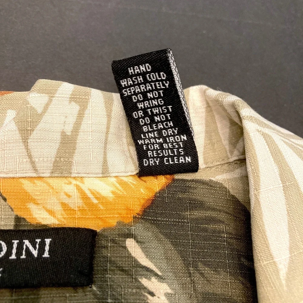Brandini 100% Silk Hawaiian Shirt Men's Medium Green Yellow Hibiscus Palm Casual